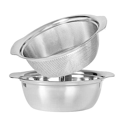 304 Stainless Steel Microporous Colander with Handle, Rice Washers Microporous Strainer Set For washing vegetables, fruits and rice, and draining cooked pasta.