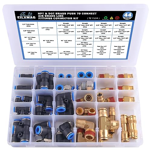 EilxMag DOT Air Line Fittings Assortment, 44 Pcs Push to Connect Fittings NPT Male Thread & DOT Brass Air Brake Line Fittings Kit