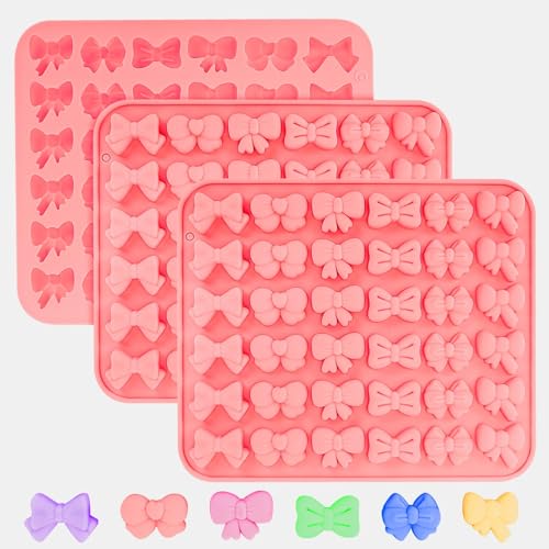 Xirdkur 3PCS Mini Bow Silicone Molds for Chocolate Making - 6 Shapes Butterfly Tie Candy Mold Edible for Gummy Cake Pops Ice Jelly Cookie Cupcake Decorating, 3 Pack, Pink