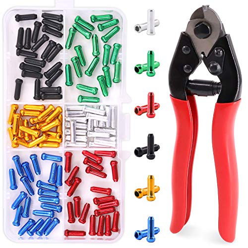 Glarks 121pcs Bike Cable End Caps & Cutter Set, 120pcs 6 Colors End Crimps with Stainless Steel Wire Rope & Aircraft Bicycle Cable Cutter Up to 5/32