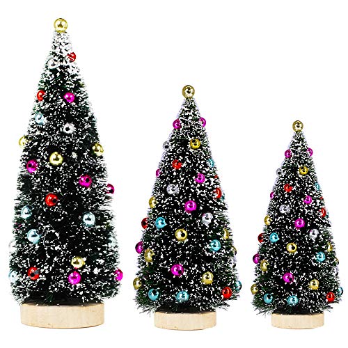 Winlyn 3 Pack Artificial Mini Tabletop Christmas Trees Tiny Frosted Bottle Brush Trees Decorated Small Sisal Trees with White Snow and Colorful Beads Winter Holiday Miniature Décor Assorted Sizes