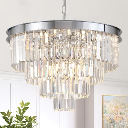 A AXILIXI Chrome Crystal Chandelier 24” Modern Chandelier for Dining Room Round Ceiling Pendant Light Fixture 4 Tiers 12 Lights Luxury Large Chandelier for Entryway Living Room Bedroom