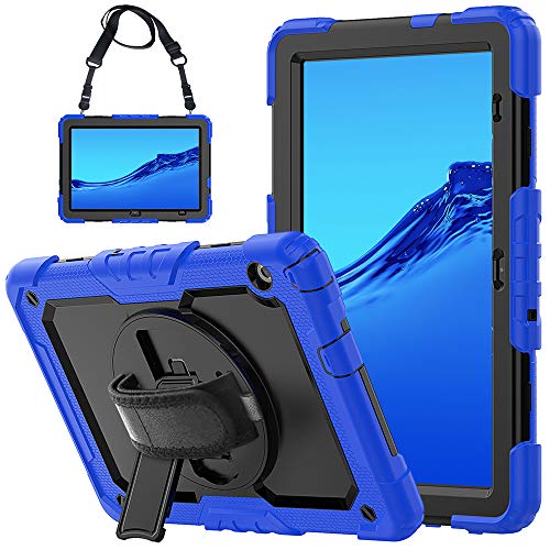 Heavy Duty Shockproof TPU Case for Huawei MediaPad T5 (10.1 inch),Protective Cover W Screen Protector+Rotating Kickstand+Handle+Shoulder Strap(Blue)