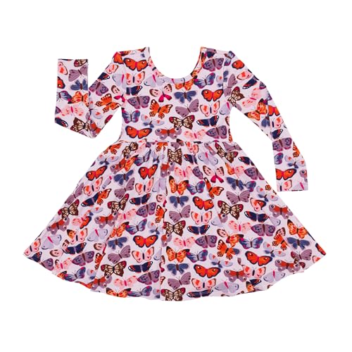 Little Sleepies Long Sleeve Twirl Dress for Girls, Viscose from Bamboo, Toddler Girl Dress w/Pockets, Butterfly Kisses, 8