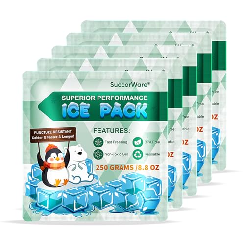 SuccorWare 5 Packs Reusable Ice Packs for Lunch Boxes - 12+ Hour Cooling Ice Gel Pack for Camping, Beach, Office - Ice Packs for Cooler Bag, Cooler Backpacks (250 Grams)