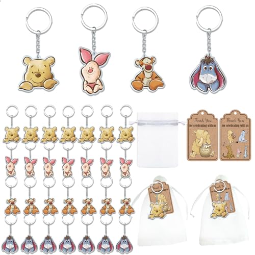 Ggjgrpx 84 Pcs Winnie Baby Shower Favors, 28 Cute Keychain, 28 Organza Bags, Thank You Kraft Tags for 28 Guests, Gender Reveal Birthday Party Supplies, Thank You Winnie Keychain for Party