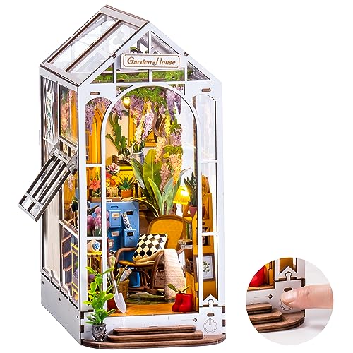 ROBOTIME Book Nook Kit - DIY Miniature House Kit, 3D Wooden Puzzle Booknook, Bookend Bookshelf Insert Decor with LED Light, DollhouseTiny House Hobby Diorama Kit Unique Gifts (Garden House)