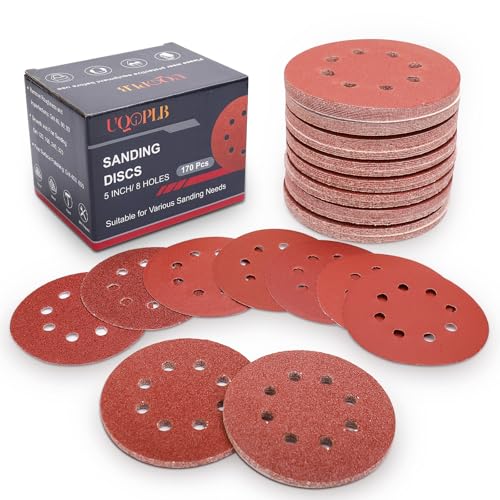 UQIPLB 170 Pcs 5 Inch Sanding Discs, 8-Hole Hook and Loop Round Sandpaper for Random Orbital Sander 40 60 80 120 150 240 320 400 600 Grit
