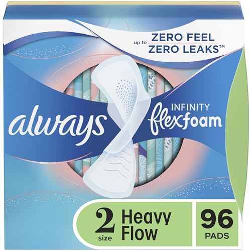 Always Infinity Feminine Pads for Women, Flexfoam Pads with Wings, Size 2, Heavy Absorbency, Unscented, 96 Count (Packaging May Vary)