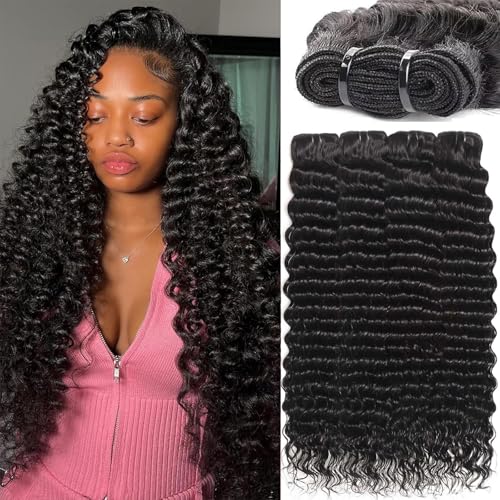 Human Hair Bundles 20 22 24 26 Inch Deep Wave Bundles Human Hair 12A 4 Bundles Human Hair 100% Unprocessed Virgin Deep Curly Human Hair Bundles Deals Real Human Hair Extensions Natural Black