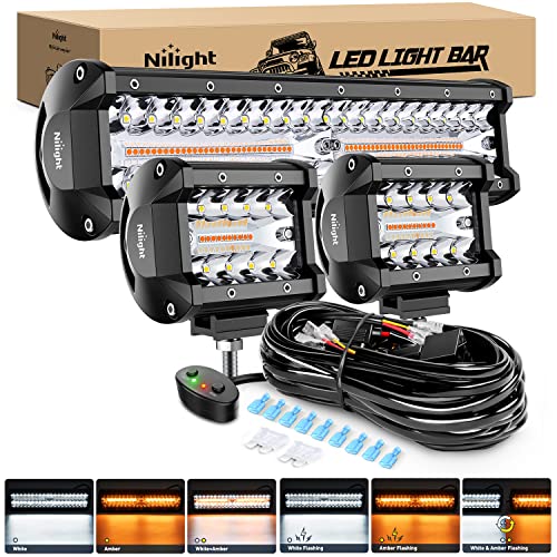 Nilight 12Inch 300W LED Light Bar 2PCS 4Inch 60W Light Pods Amber White Strobe 6 Modes Memory Function Reset Function Off Road Truck with 16AWG Wiring Harness Kit-3 Leads, 2 Years Warranty