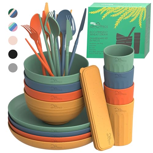 DINETHICS Wheat Straw Dinnerware Sets For 4 - Camping Plates Cups And Bowls Set - Dishwasher Microwave Safe Dishes - Alternate To Plastic Dinnerware Set - Wheat Straw Plates And Bowls Sets - RV Dishes