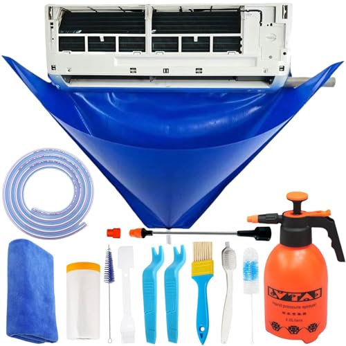 Oiktylr 13Pcs Mini Split Cleaning Kit Bag with 2L High Pressure Sprayer, Air Conditioner Cleaning Kit with Waterproof PVC AC Cleaning Cover Bib with 10pcs HVAC Cleaning Tools, Large
