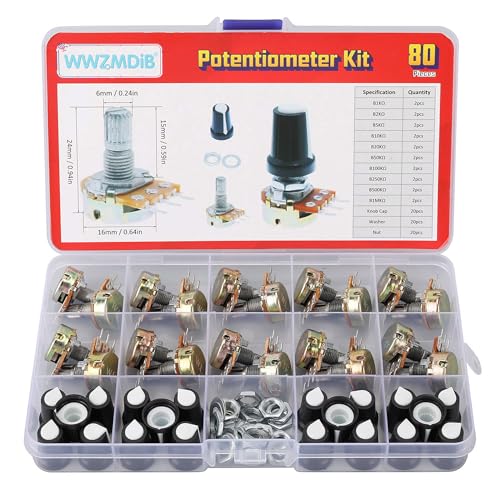 WWZMDiB 80 Pcs Potentiometer Kit with Knobs B1K 2K 5K 10K 20K 50K 100K 250K 500K 1M Ohm potentiometers Assortment Tapered Rotary Audio B-Type Potentiometer(Equipped with Nuts & washers）