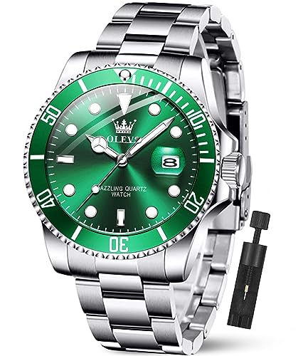 OLEVS Luxury Watches for Men Green Face Men's Wrist Watches Big Dial Man Watch Stainless Steel Waterproof Quartz Analog with Date Fashion Elegant Silver Mens Dress Watch Relojes para Hombres