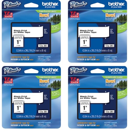 Brother Genuine P-Touch 4-Pack TZe-251 Laminated Tape, Black Print on White Standard Adhesive Laminated Tape for P-Touch Label Makers, Each Roll is 0.94"/24mm (~ 1") Wide, 26.2 ft. (8M) Long