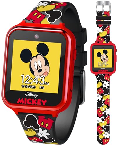 Accutime Mickey Mouse Kids Smart Watch with Interactive Touchscreen – Features 10 Changeable Watch Faces, Selfie Camera, Step Counter, Voice Recorder, Games, Alarm, Stopwatch, and Calculator