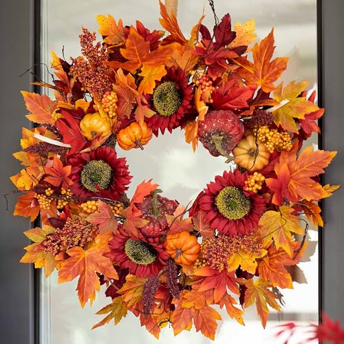 Soomeir Fall Wreath for Front Door, Autumn Maple Leaves Wreaths for Home Porch Decor, Farmhouse Pumpkin Wreaths for Outdoor Table Centerpiece Thanksgiving Halloween Harvest Festival Decor, Green