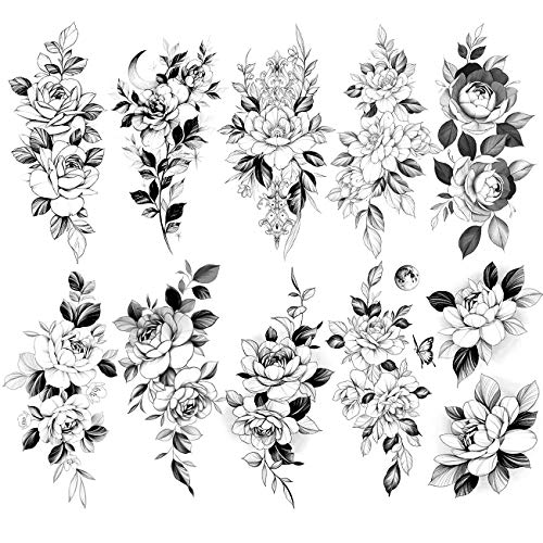 Oottati 10 Sheets Waterproof Temporary Tattoo Stickers 3D Black Branch Rose Peony Flower Girls Blossom Waterproof Arm Leaf Sexy Arm Chains Pattern Perfect for Parties, Events and More