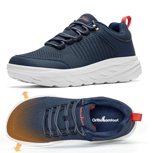 Men's Orthopedic Diabetic Wide Walking Shoes: Cushion Thick Sole Plantar Fasciitis Orthotic Indoor Leisure Sneakers, Soft Adjustable Fit Arch Support Neuropathy Outdoor Sports Shoes Dark Blue Size 12