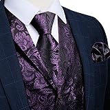 DiBanGu Silk Paisley Vest for Men Wedding Waistcoat and Necktie Bowtie Lapel Pin Set 7PCS Dress Vests for Suit or Tuxedo, Dark Purple, 3X-Large