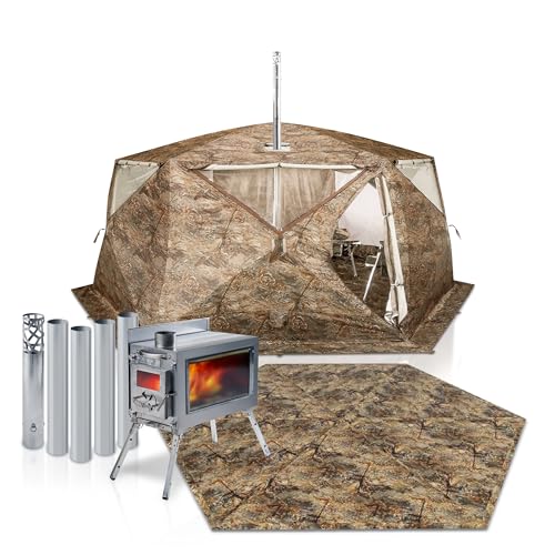 Rbm Outdoors Hot Tent with Stove, Easy Setup 4 Season Winter Tents for Camping, Cold Weather Wall Double Layer Waterproof Shelter Hexagon+Stove+Floor