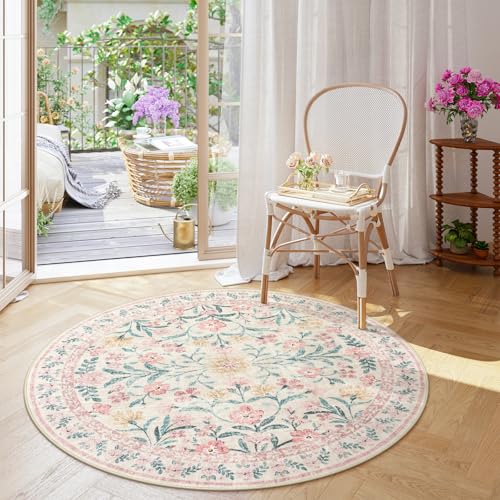 Wonnitar Washable Round Rugs 6ft, Pink Floral Circle Rug Large Round Carpet for Bedroom, Boho Soft Ultra-Thin Circular Carpets for Kids Playroom Living Room Nursery