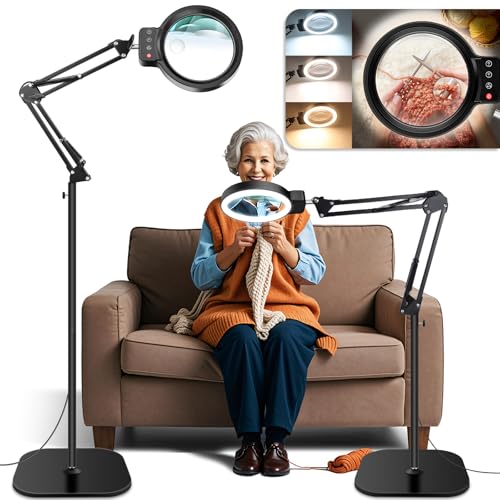 30X 10X Large Floor Magnifying Glass with Light and Stand,72 LED Adjustable Height Floor Magnifying Lamp,2 in 1 Lighted Magnifiers for Close Work, Sewing,Crafts,Hobbies,Reading,Black