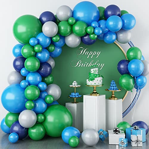 Blue and Green Balloon Garland Kit Dark Green Navy Blue Dark Blue Balloons Arch with Ribbon for Boy Girl Jungle Theme Party Birthday Baby Shower Wedding Graduation Anniversary Background Decorations