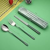 DEVICO Portable Utensils, Travel Reusable Silverware Flatware Set for Lunch, 18/8 Stainless Steel 4-Piece Camping Cutlery Include Fork Spoon Chopsticks with Case (Green)