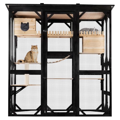 FunXplore 71.1" L Large Cat Catio Outdoor Cat Enclosure Window Acess, Walk-in Cat Cage Cat House for Multiple Indoor Outdoor Cats, Outside Patio 6 Doors Weatherproof Roof