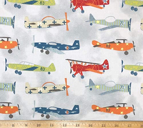 Joann Fabrics 1 Yard - Vintage Planes Airplanes on Light Gray Cotton Fabric (Great for Quilting,Sewing,Craft Projects,Throw Pillows and More) 1 Yard X 44 inch,Grey,Orange,Red,Blue,Green