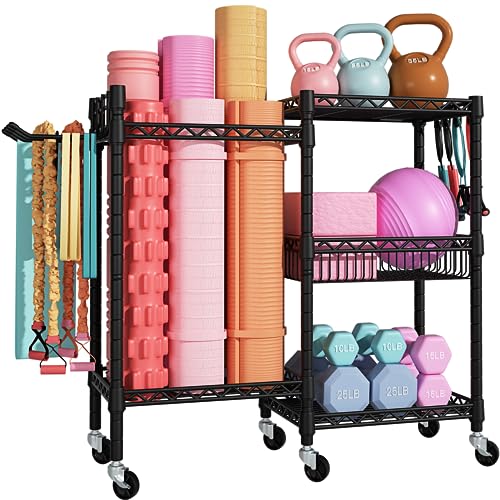 FUTASSI S2 Home Gym Storage, Rolling Yoga Mat Storage and Organizer, Sport Equipment Rack for Dumbbells, Kettlebells, Foam Rollers, Resistance Bands, 11.8" D x 36" W x 32.5" H, Black