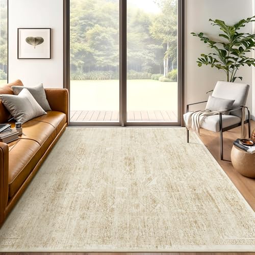 Soalmost 5x7 Area Rugs Beige Low Pile Indoor Washable Trendy Faded Style Floral Rugs for Bedroom Living Room Dining Room Foldable Non-Slip Thin Print Mat
