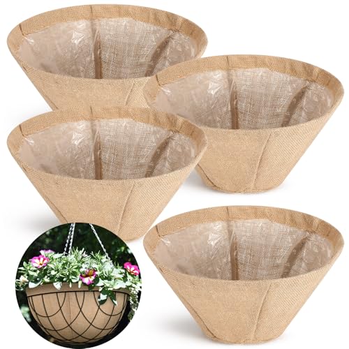 Hahafelt 4 Pack 14 Inch Round Burlap Liners with Drainage Hole and Plastic Interior Liner Rustic Burlap Planter Liner for 14" Diameter Hanging Baskets
