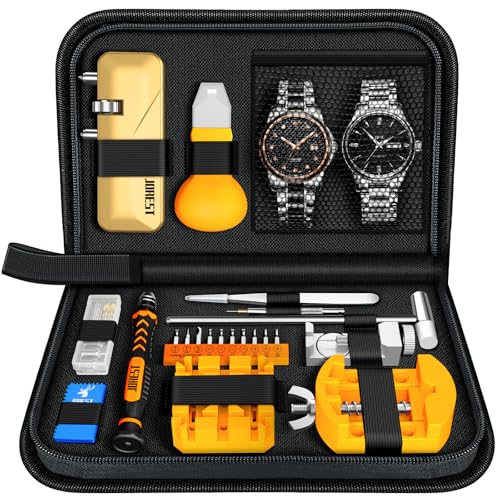 【2024 New】JOREST Watch Repair Tool Kit, Battery Replacement & Strap Adjustment, Wrench Opening Back Cover, Case Opener, Link Remover, Bracelet Resizing, Band Pin Removal, Screwdriver, Spring Bar