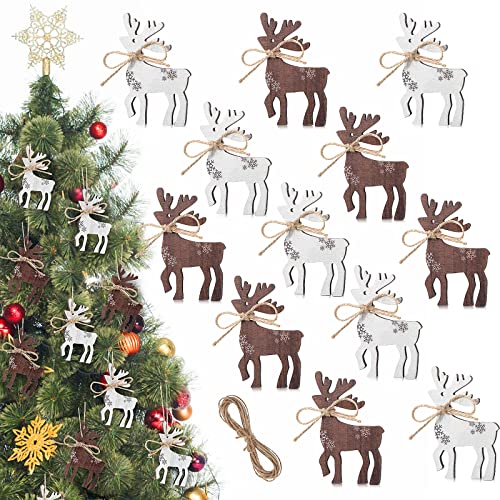 24 Wooden Reindeer Ornaments - Rustic Vintage Reindeer Christmas Centerpiece & Xmas Party Decoration for Home Mantle, Table Display & Door Hanging