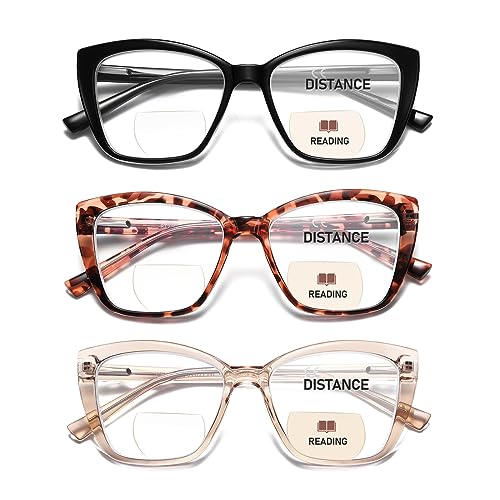 PUBOWT Bifocal Reading Glasses For Women Cat Eye Oversized Spring Hinge Frame Blue Light Computer Fashion Readers Clear Top No Line Ladies Large Stylish Progressive Invisible Eyeglasses PT2001 +2.0