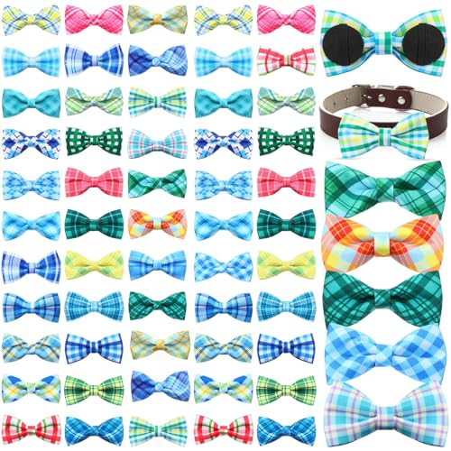 Silkfly 60 Pcs Plaid Dog Collar Bow Ties Bulk Dog Bowtie Holiday Accessories Puppy Bows Detachable Collar Charms for Small Medium Large Cat Grooming Supplies Pet Costume(Summer Pattern)