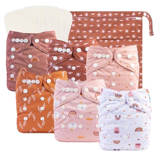 babygoal Baby Cloth Diapers 6 Pack with 6pcs Rayon from Bamboo Inserts and Wet Bag, One Size Reusable Washable Pocket Nappy Covers for Infant Boys and Girls 6FG04