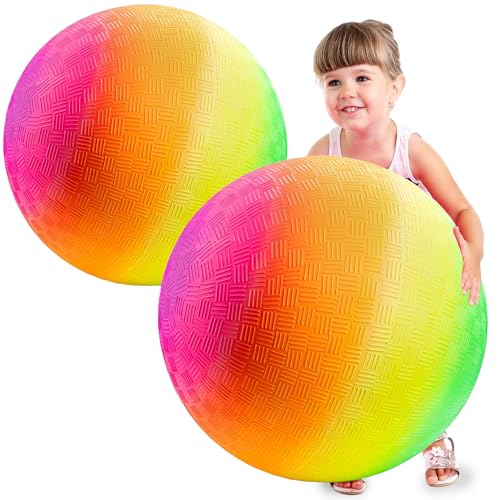 18 Inch Rubber Playground Balls for Kids - (2-Pack) Giant Large Rainbow Inflatable Bouncy Play Ball - Big Size, Kickballs, Fun for Park, Recess, Backyard, Indoor and Outdoor Games with Hand Pump