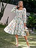 Amegoya Women's Boho Flowy Long Sleeve Floral Midi Dress Square Neck Smocked Tiered Dress(A-Floral S)