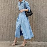 AprPith Women Denim Shirt Dress V Neck Long Sleeve Long Bottom Down A-Line Jeans Dresses with Pockets Light Blue