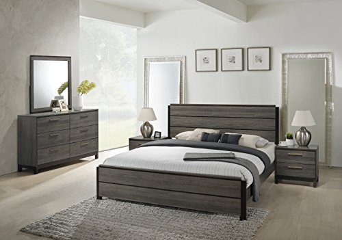 Roundhill Furniture Ioana 187 Antique Grey Finish Wood Bed Room Set, Queen Size Bed, Dresser, Mirror, 2 Night Stands
