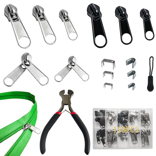 Vintrex 150 Pcs Zipper Repair Kit with Replacement Sliders, Metal Zipper Pull Replacement Kit with Install Plier for Jackets, Coats, Tents, Backpacks, Sleeping Bags, and Luggage