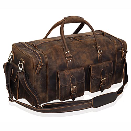 Large duffel bags for men holdall leather travel bag overnight gym sports weekend bag (BROWN, 32" XX-Large)