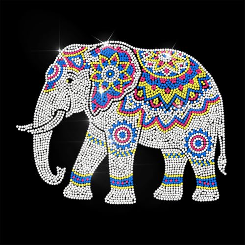 ANATTASOUL White Rhinestone Iron on Transfer Mandala Elephant Bling Diamond Hotfix Patches for Clothes, 11.6"x8.2" Large Iron On Sequin Applique for Jeans Jacket Caps Bag T-Shirts Shoes DIY Decor