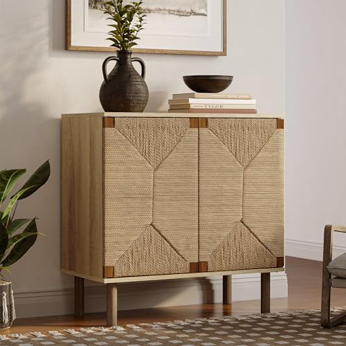 LuxenHome 31" Sideboard Buffet Cabinet with Storage, Seagrass Boho Accent Cabinet, Mid Century Modern Small Sideboard Storage Cabinets for Kitchen, Living Room, Entryway