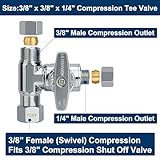 Brass Angle Stop Add-A-Tee Valve, 3/8 x 3/8 x 1/4 Compression Tee Valve,Feed Water Adapter for Refrigerators, Ice maker, Reverse Osmosis,RO Water Filter Systems, 3 Way Diverter Water Line Splitter