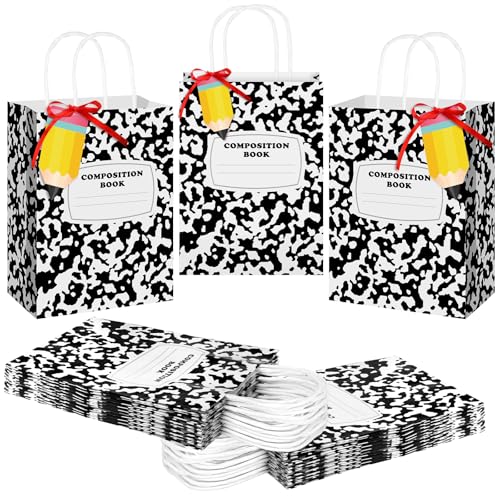 Kolldenn 24 Pcs Back to School Gift Bags with Handles and Pencil Cards Composition Book Teacher Gifts First Day of School Treat Bags for Kindergarten Preschool Welcome Back Party Favors Wrapping